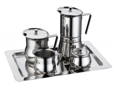 SADA PRATIKA Moka kanvička, mliekovka, cukornička, nádoba na horúcu vodu, nerezová tácka