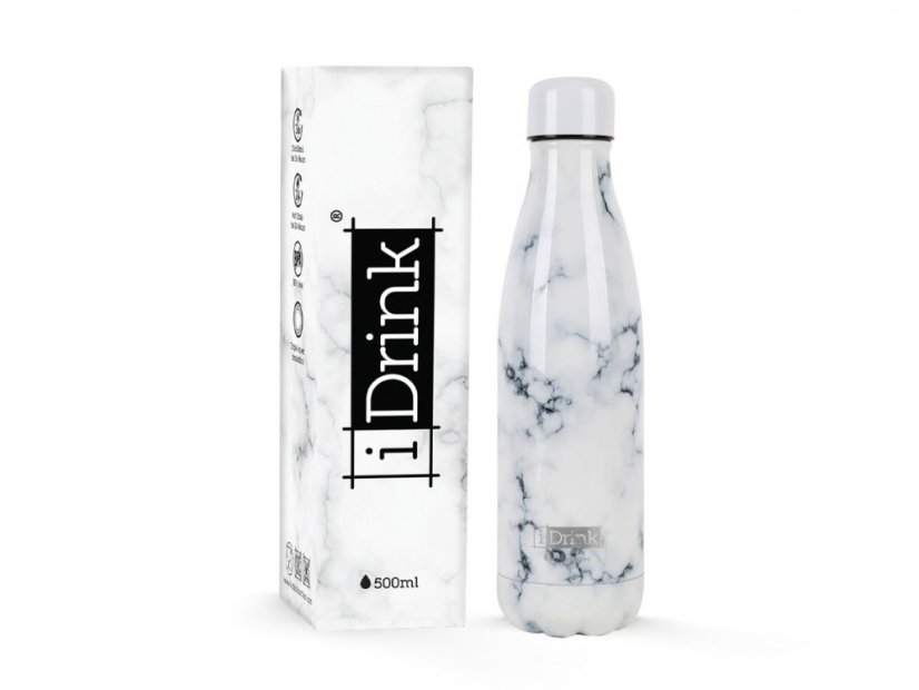 Botella térmica de acero inoxidable iDRINK, de metal, con diseño de mármol, color blanco, 500 ml Botella térmica de acero inoxidable iDRINK, de metal, con diseño de mármol, color blanco, 500 ml