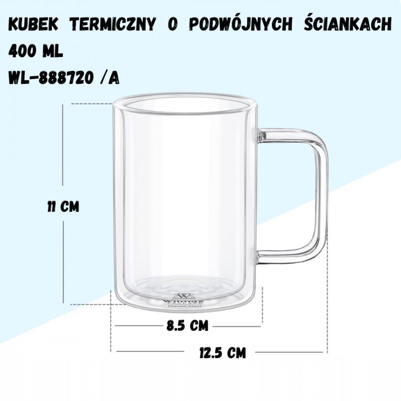 WILMAX hrnek z dvoustěnného termoskla 400ml čiré sklo balení 1ks