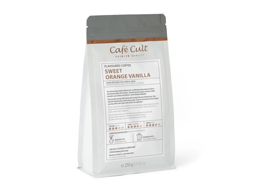 Café Cult ízesített kávébabok Édes narancs és vanília 250g