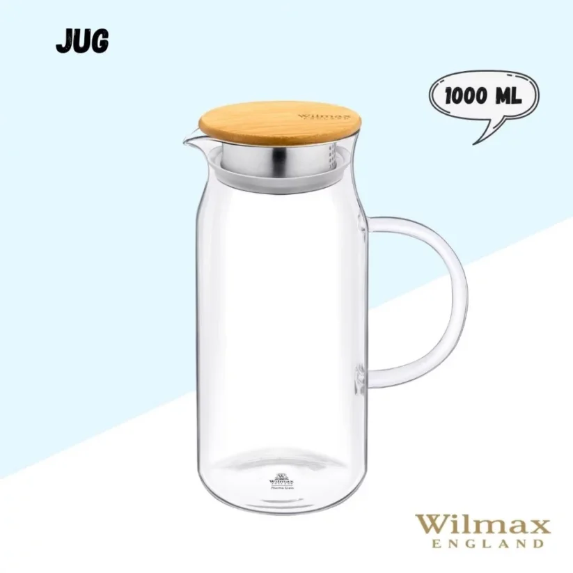 WILMAX džbán z termoskla 1000ml čiré sklo s bambusovým víčkem