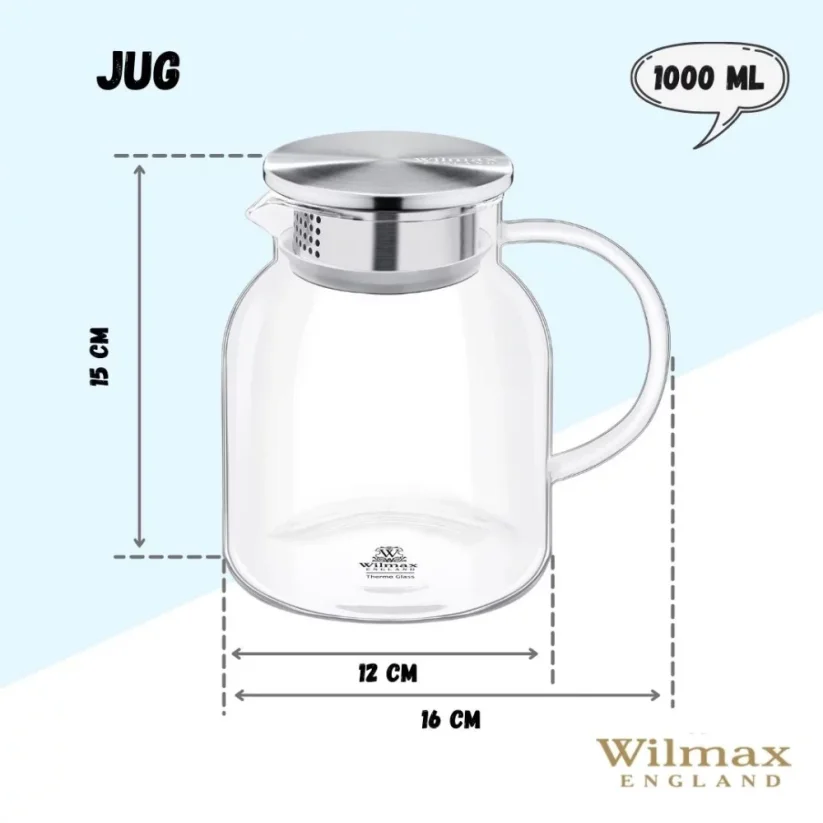 WILMAX džbán z termoskla 1000ml čiré sklo s nerezovým víčkem