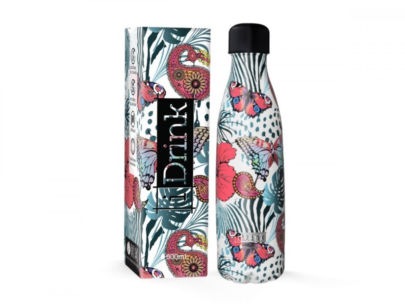 Botella térmica de acero inoxidable iDRINK, diseño de mariposas, 500 ml Botella térmica de acero inoxidable iDRINK, diseño de mariposas, 500 ml