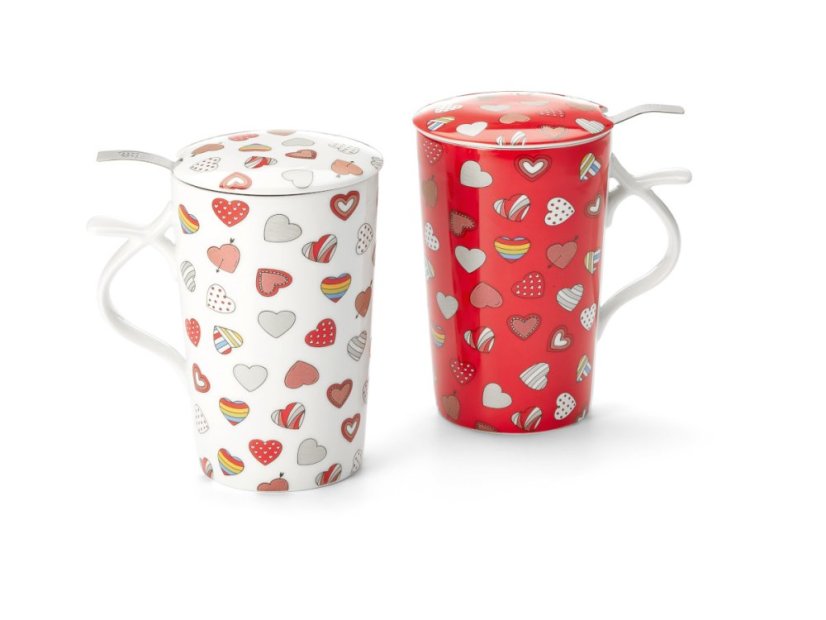 Čajový Porcelánový Hrnek se Sítkem Enni 400 ml - FARBA: Červený s potlačou Srdieček
