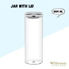 WILMAX Tarro de cristal 1800 ml con tapa de acero inoxidable 10x27,5 cm