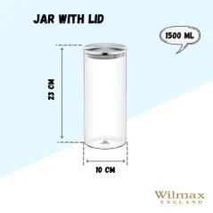 WILMAX Tarro de cristal 1500 ml con tapa de acero inoxidable 10x23 cm